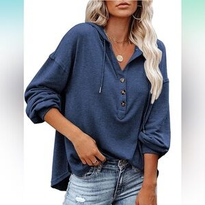 NWT LuckyMore Blue Long Sleeve Hoodie V Neck Button Pullover Tunic Top